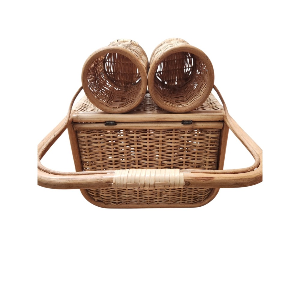 Vintage Large 2 Wine Bottle  Holder Rattan Bamboo Hinge Wicker Picnic Basket - Picture 11 of 15